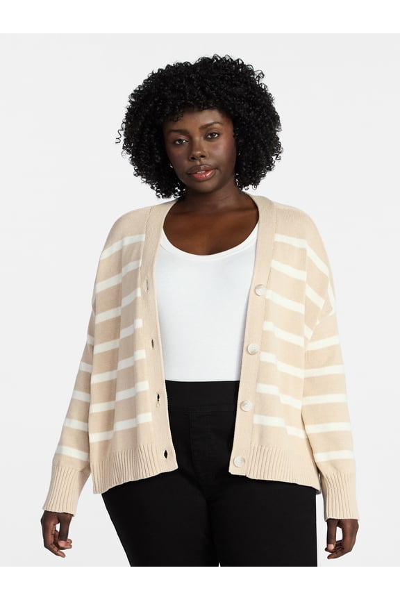 Women's Plus Size Boyfriend Cardigan with Long Sleeves, Midweight, Size 0X-5X