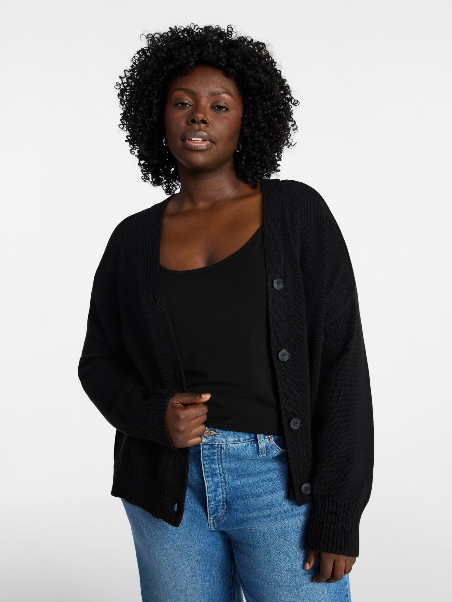 Terra & Sky Women's Plus Size Boyfriend Cardigan with Long Sleeves, Midweight, Size 0X-5X