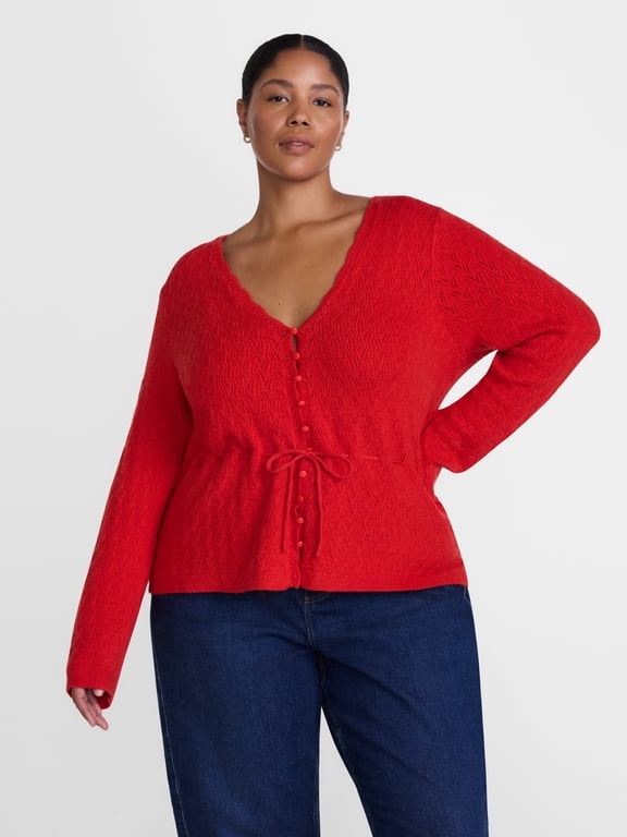 Terra and Sky Women's Plus Tie Waist V Neck Cardigan, Lightweight, Sizes 0X-5X