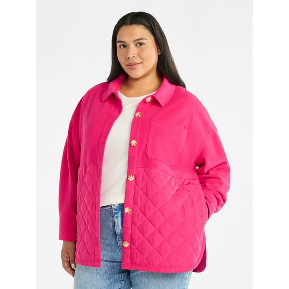 Terra & Sky Women's Plus Size Quilt Mix Button Front Shacket with Long Sleeves, Sizes 1X-5X