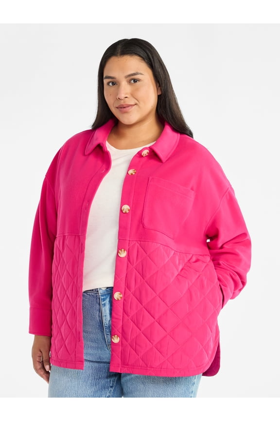 Women's Plus Size Quilt Mix Button Front Shacket with Long Sleeves, Sizes 1X-5X