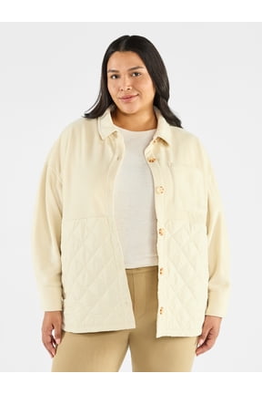 Women's Plus Size Quilt Mix Button Front Shacket with Long Sleeves, Sizes 1X-5X