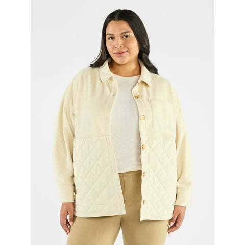 Women's Plus Size Quilt Mix Button Front Shacket with Long Sleeves, Sizes 1X-5X