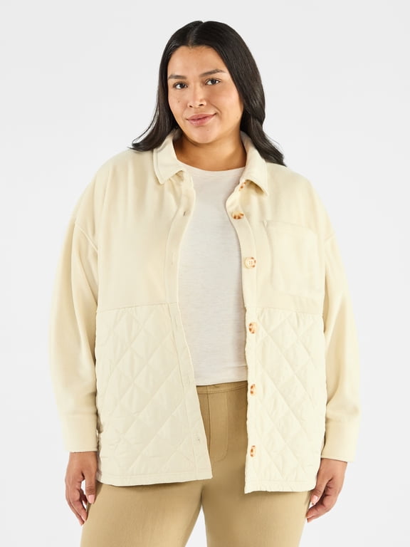 Women's Plus Size Quilt Mix Button Front Shacket with Long Sleeves, Sizes 1X-5X