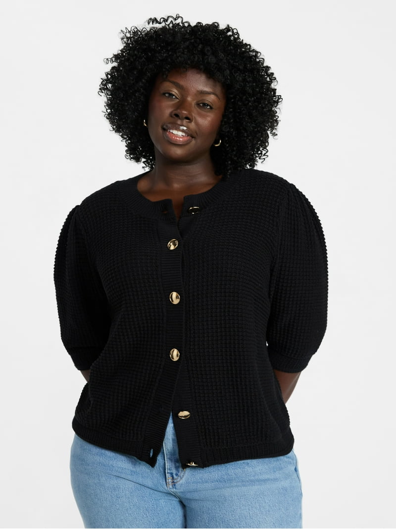 Terra & Sky Women's Plus Size Textured Crewneck Cardigan with