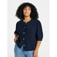 thumbnail image 1 of Terra & Sky Women's Plus Size Textured Crewneck Cardigan with Short Sleeves, Midweight, Size 0X-5X, 1 of 6