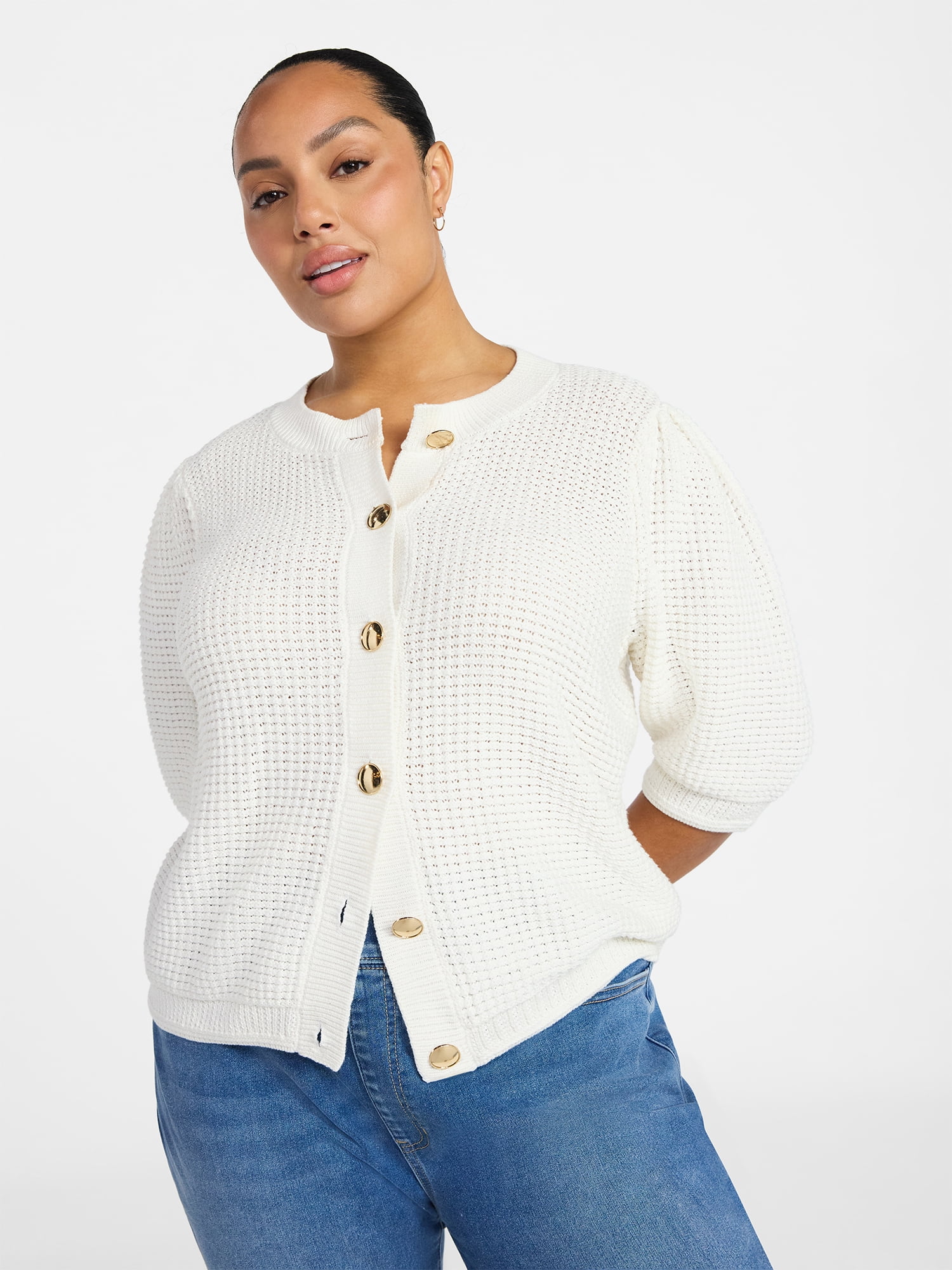 Terra & Sky Women's Plus Size Textured Crewneck Cardigan with Short Sleeves, Midweight, Size 0X-5X