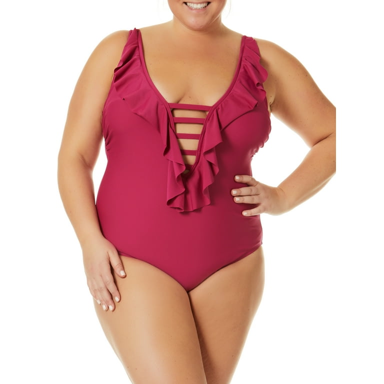 Terra and Sky Women's Plus Solid Ruffle One-Piece Swimsuit