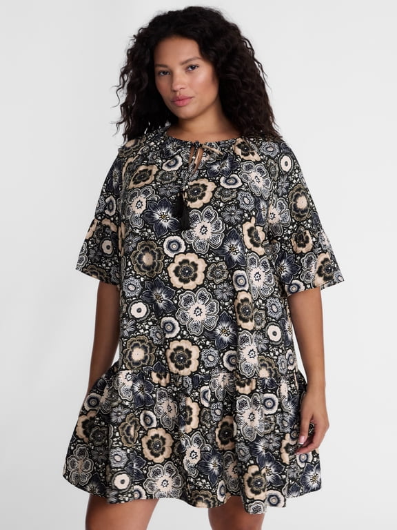 Women's Plus Tie Front Mini Swing Dress with Short Puff Sleeves, Sizes 0X-4X