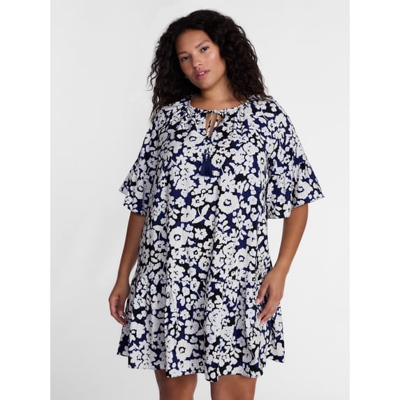 Terra & Sky Women's Plus Tie Front Mini Swing Dress with Short Puff Sleeves, Sizes 0X-4X