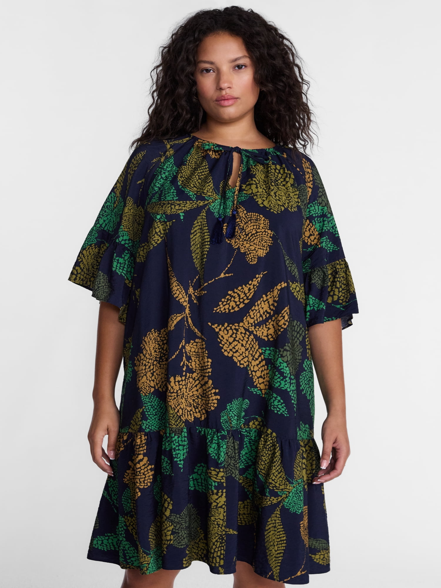 Terra & Sky Women’s Plus Split Neck Mini Dress with Short Sleeves, Sizes 0X-4X