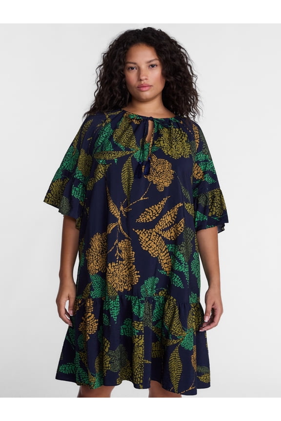 Women’s Plus Split Neck Mini Dress with Short Sleeves, Sizes 0X-4X