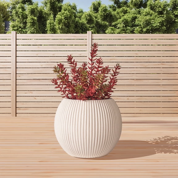 TerraDeco 16 Inch Handmade Concrete Outdoor Planter - Classic Striped Design | Fiberglass & Composite Material | Durable for Commercial & Home Decor