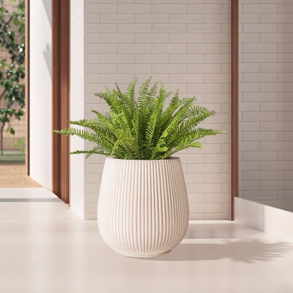 TerraDeco 16 Inch Handmade Concrete Outdoor Planter - Classic Striped Design | Fiberglass & Composite Material | Durable for Commercial & Home Decor