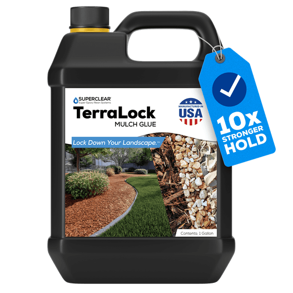 Superclear TerraLock Mulch Glue For Landscaping, 1 Gallon Rock Glue. Easy Spray, Easy Hold. Perfect for Mulch, Pea Gravel Large & Small, Rock, Straw and Stone, Pega Para Piedras de Jardin