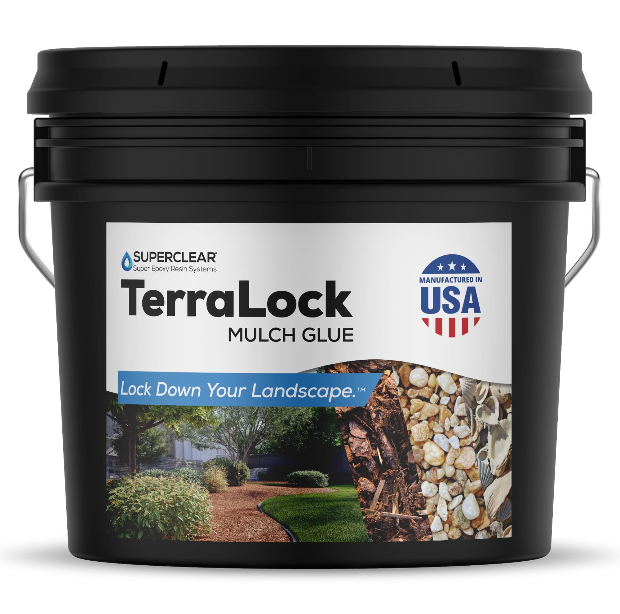 TerraLock Mulch Glue 5 Gallon, Landscape Adhesive for Mulch, Pea Gravel, Rock, and Pine Straw, Easy Spray and Hold, Weather Resistant, Made in the USA