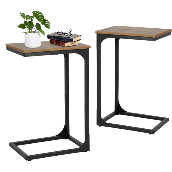 TerraOutfit C Shaped End Table Set of 2 C Shaped Couch Tray End Table with Metal Frame Adjustable Feet 24 Inch Morden Sofa Desk TV Tray for Living Room,Bedroom,Small Space,Bedside,Farmhouse,Brown