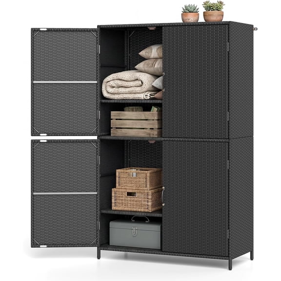 TerraOutfit Rattan Outdoor Storage Cabinet, Patiojoy Outdoor Cabinet with 2 Adjustable Shelves, 4 Doors, Patio Storage Deck Box Table for Patio Garden Poolside