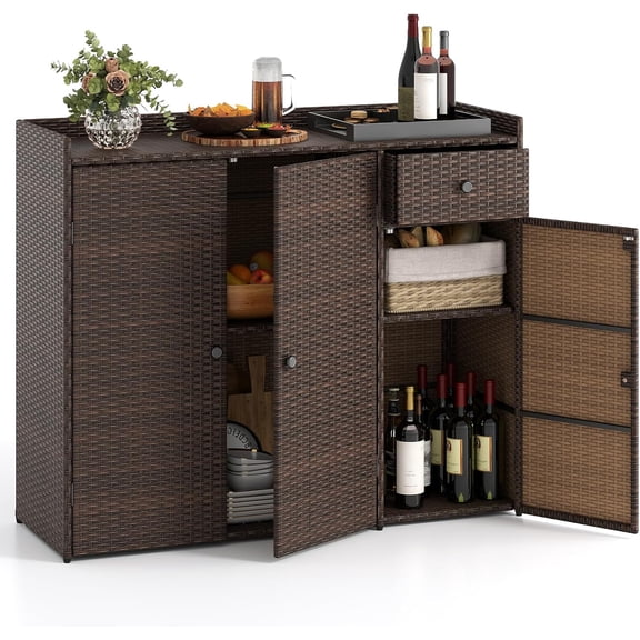 TerraOutfit Rattan Outdoor Storage Cabinet with 2 Adjustable Shelves