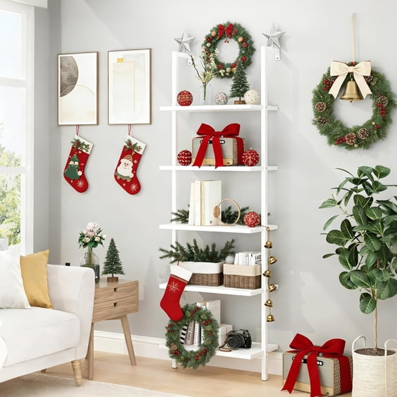 TerraOutfit home White 5 Tier Wall Mount Ladder Shelf, Metal Frame Bookcase