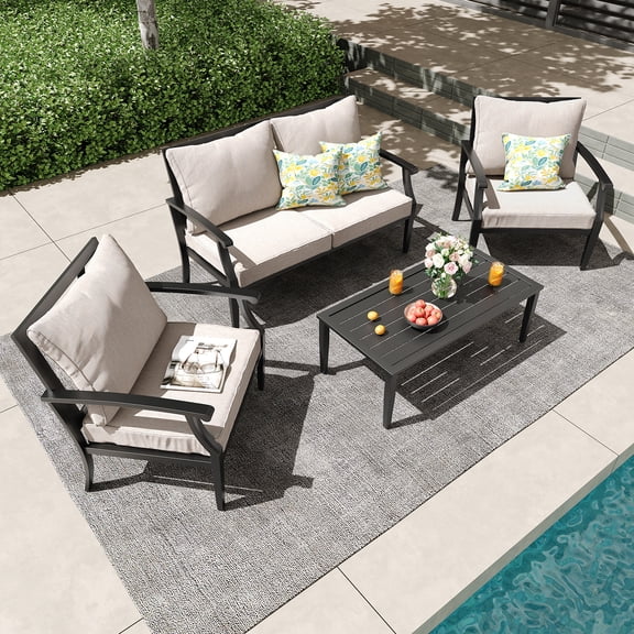TerraRelax 4 Piece Outdoor Patio Furniture Set, Oversized Metal Conversation Set with High Back & Deep Seating, Water-Repellent Cushions, Coffee Table for Porch, Deck, Backyard, Beige