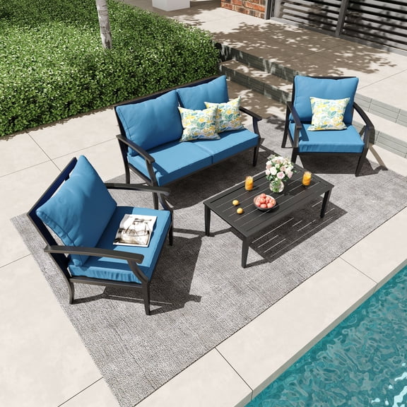 TerraRelax 4 Piece Outdoor Patio Furniture Set, Oversized Metal Conversation Set with High Back & Deep Seating, Water-Repellent Cushions, Coffee Table for Porch, Deck, Backyard, Peacock