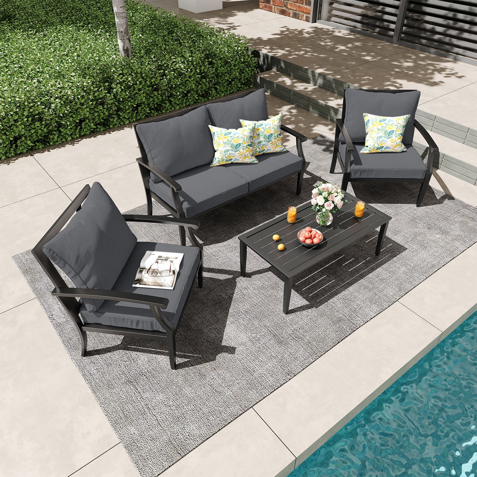 TerraRelax 4 Piece Outdoor Patio Furniture Set, Oversized Metal Conversation Set with High Back & Deep Seating, Water-Repellent Cushions, Coffee Table for Porch, Deck, Backyard, Grey