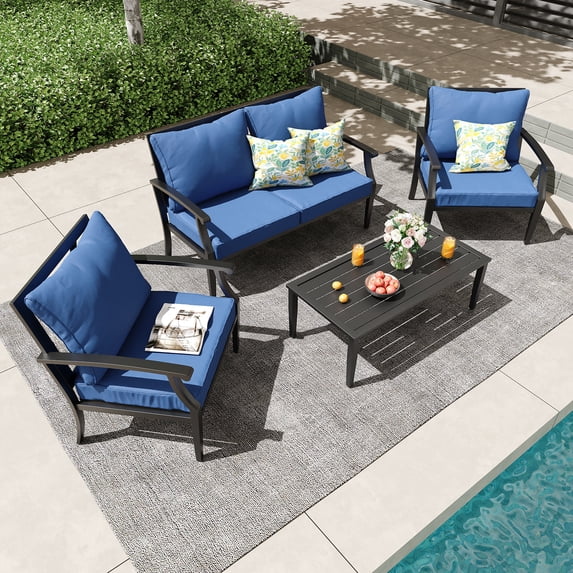 TerraRelax 4 Piece Outdoor Patio Furniture Set, Oversized Metal Conversation Set with High Back & Deep Seating, Water-Repellent Cushions, Coffee Table for Porch, Deck, Backyard, Navy
