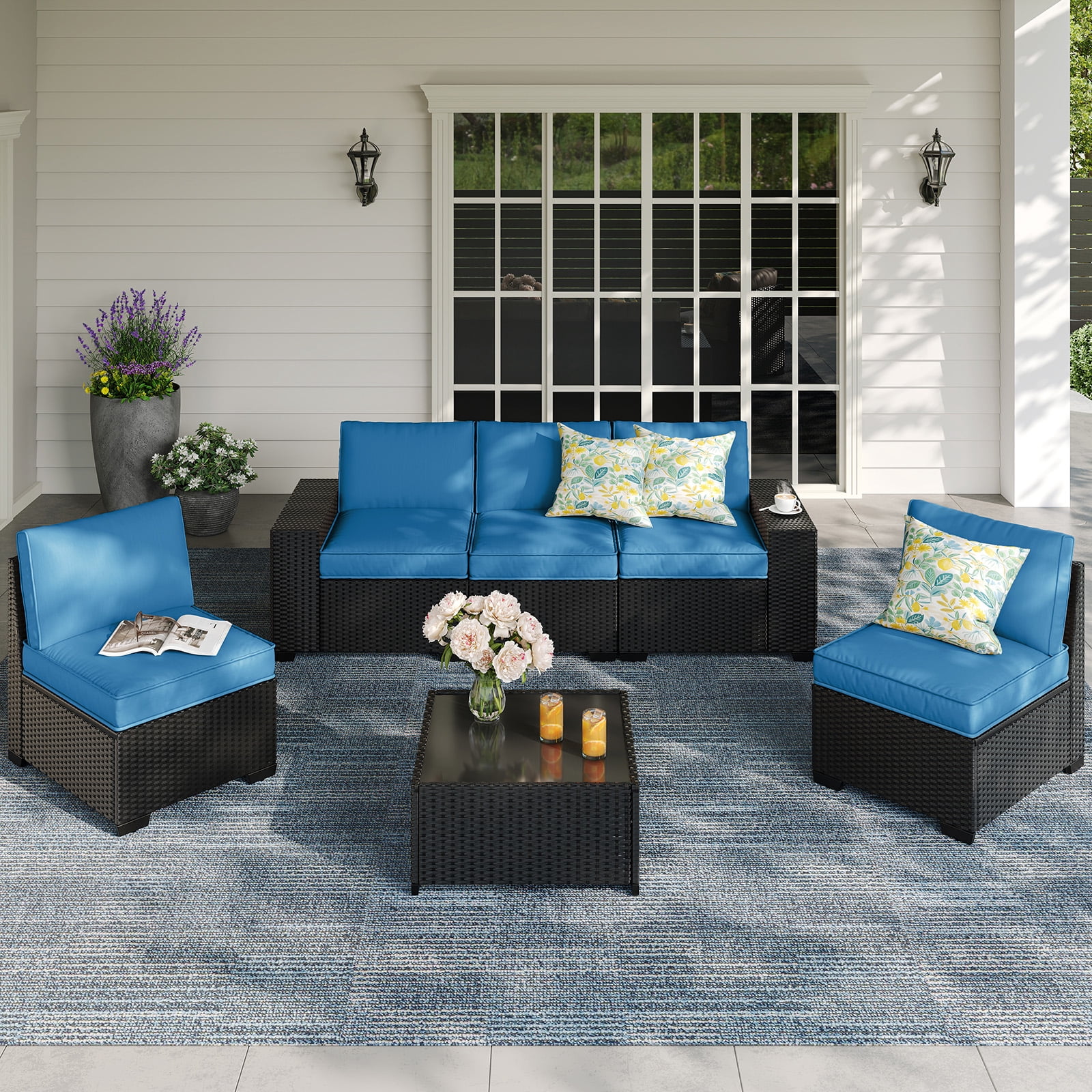 TerraRelax 6 Pieces Patio Furniture set All-Weather Outdoor Wicker Sectional Conversation Sofa Rattan patio seating sofa with cushion and Glass Table and Ottoman for Porch Poolside,Peacock