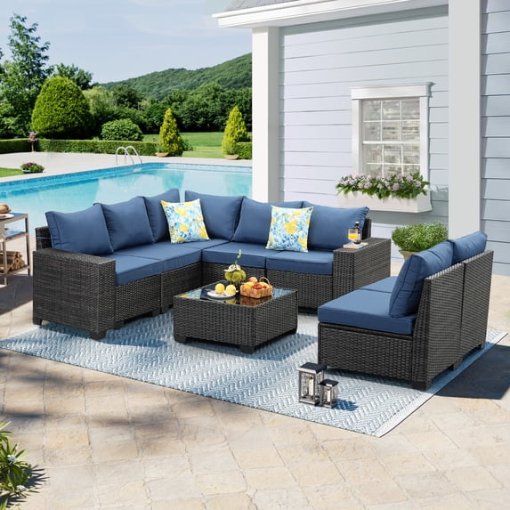 TerraRelax 8 Pieces Patio Furniture set All-Weather Outdoor Wicker Sectional Conversation Sofa Rattan patio seating sofa with cushion and Glass Table and Ottoman for Porch Poolside,Navy