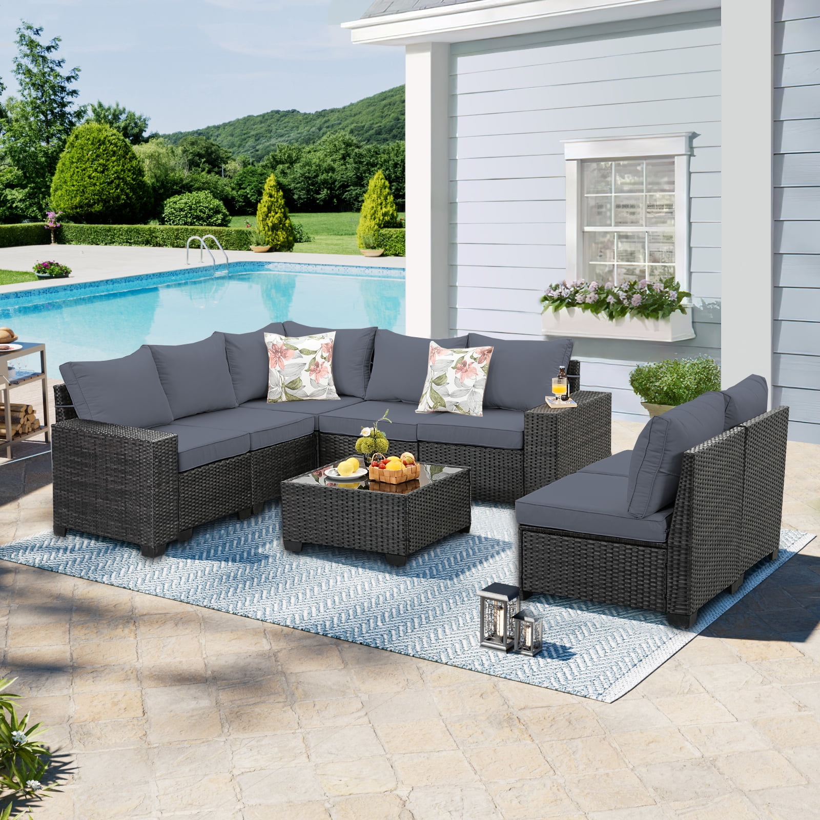TerraRelax 8 Pieces Patio Furniture set All-Weather Outdoor Wicker Sectional Conversation Sofa Rattan patio seating sofa with cushion and Glass Table and Ottoman for Porch Poolside,GREY