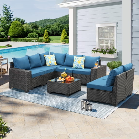 TerraRelax 8 Pieces Patio Furniture set All-Weather Outdoor Wicker Sectional Conversation Sofa Rattan patio seating sofa with cushion and Glass Table and Ottoman for Porch Poolside,Peacock