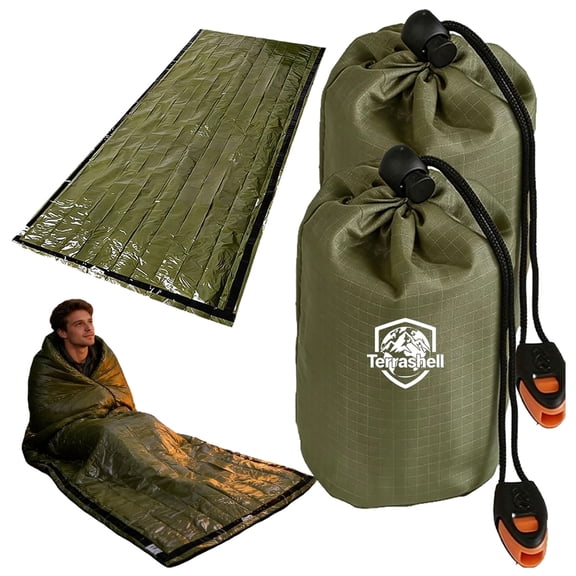 TerraShell Blanket, Sleeping Bag, Emergency Sleeping Bag Survival, Waterproof, Compact Lightweight, Emergency Mat for Survival Kit Car Camping Gear Hiking Go (2PC, Green,0.25 µm)