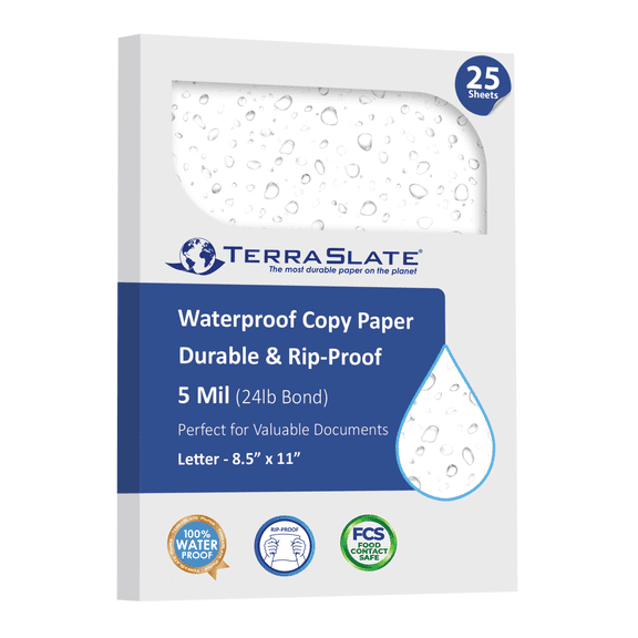 TerraSlate Premium Waterproof Paper, 5 MIL 8.5” x 11”, Laser Printer & Copy Machine Compatible, Durable & Rain/Weather-Proof Copy Paper, White Paper (25 Sheets)