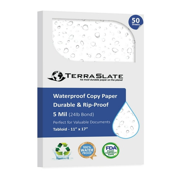 TerraSlate Waterproof Paper, Rip-Proof Paper, 50 Sheets, 5 Mil (120lb Cover), 11” x 17”, Laser Printer and Copy Machine Compatible