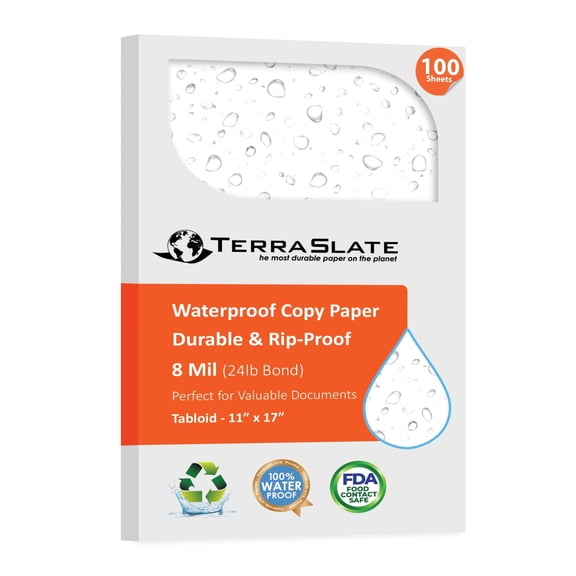 TerraSlate Laser Printer / Copier Compatible Waterproof Paper, 11"x17", 8 MIL, 100 Sheets