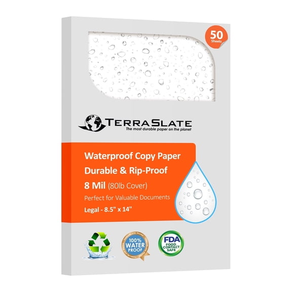TerraSlate Waterproof Laser Printer Paper 8 MIL – 8.5"x14", 50 Sheets, White – Tear & Smudge Proof, Heavy-Duty for Outdoor Use, Ideal for Printing, Copying & More