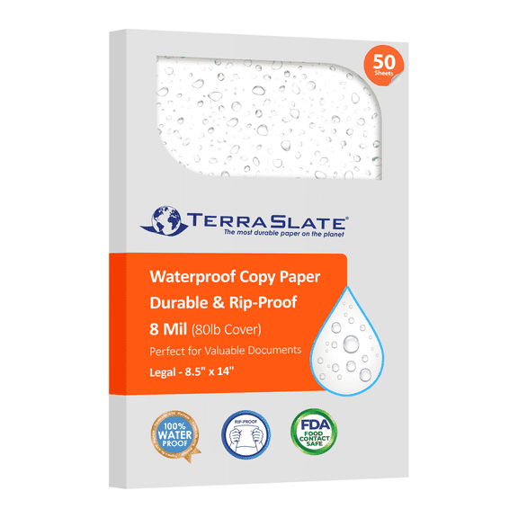 TerraSlate Waterproof Laser Printer Paper 8 MIL – 8.5"x14", 50 Sheets, White – Tear & Smudge Proof, Heavy-Duty for Outdoor Use, Ideal for Printing, Copying & More