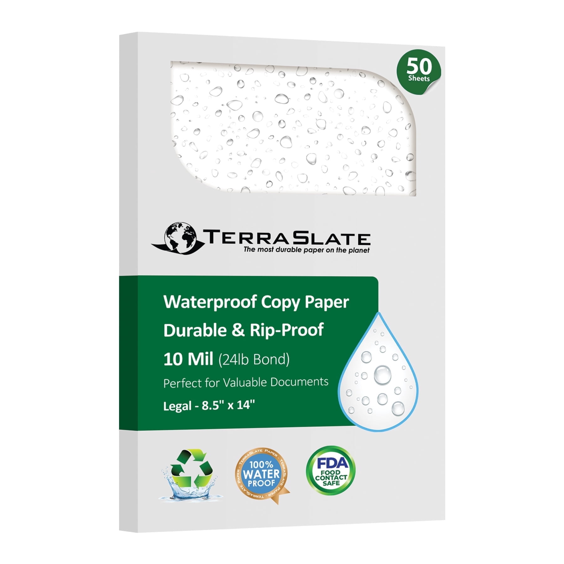 TerraSlate Waterproof Printer Paper | 10 Mil 120lb Cover | 8.5" x 14" Legal Size | Laser Printer Copy Paper | 50 Sheets
