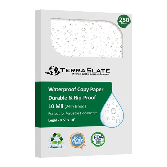 TerraSlate Printable Waterproof Paper for Laser Printer, 10 MIL 8.5" x 14", 250 Sheets, Matte White Printer Paper, Rip-Resistant, Weather/Rain Proof Copy Paper