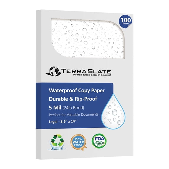 TerraSlate Waterproof Rip-Proof Paper, 5 MIL 8.5" x 14", Legal Size, White,100 Sheets I Rain/Weather/Rip-Proof Printing, Laser Printer and Laser Copier Compatible