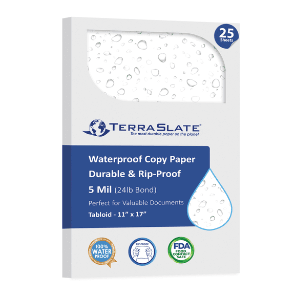 TerraSlate Waterproof Laser Printer Paper, 11" x 17" Tabloid, 5 Mil 24 lb Cover, White, 25 Sheets