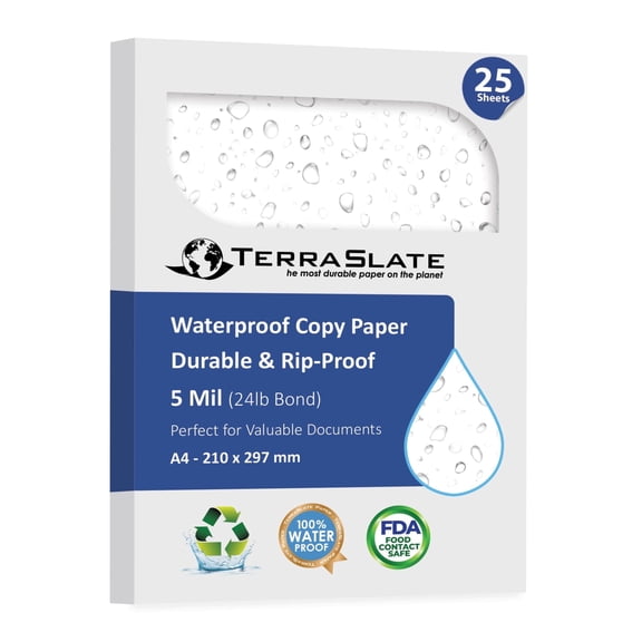 TerraSlate Waterproof Laser Printer Paper, 11" x 17" Tabloid, 5 Mil 24 lb Cover, White, 25 Sheets