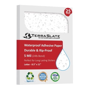 TerraSlate Waterproof Sticker Paper | 5 Mil Permanent Adhesive Labels | Printable Sticker Paper Laser Printer (Letter - 8.5" x 11", 25 Sheets)