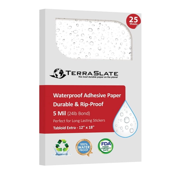 TerraSlate Waterproof Sticker Paper, 12" x 18", 5 Mil Printable Label Sheets, Permanent Adhesive, 25-Pack for Laser Printers & Copiers
