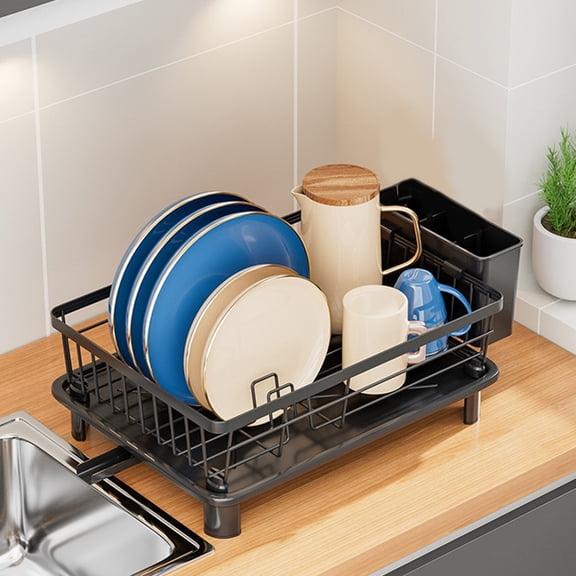 TerraVbie Dish Drying Rack Black Iron with Water Tray Utensil Drainer Kitchen Organizer for Kitchen Sink Countertop
