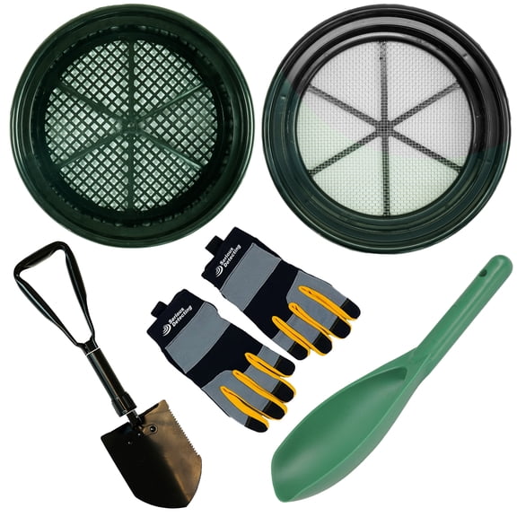 TerraX Field Prospecting Set 2 Heavy-Duty Classifier, Premium Tri-Fold Serrated Shovel, Green Prospecting Scoop, and Serious Detecting Gloves