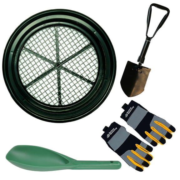 TerraX Field Prospecting Set Heavy-Duty Classifier, Premium Tri-Fold Serrated Shovel, Green Prospecting Scoop, and Serious Detecting Gloves