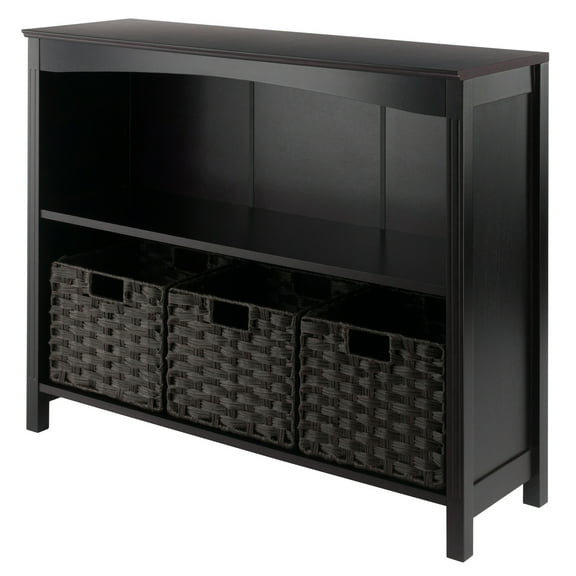 Winsome Terrace 4-Piece Wide Shelf with 3 Foldable Woven Baskets, Walnut & Chocolate