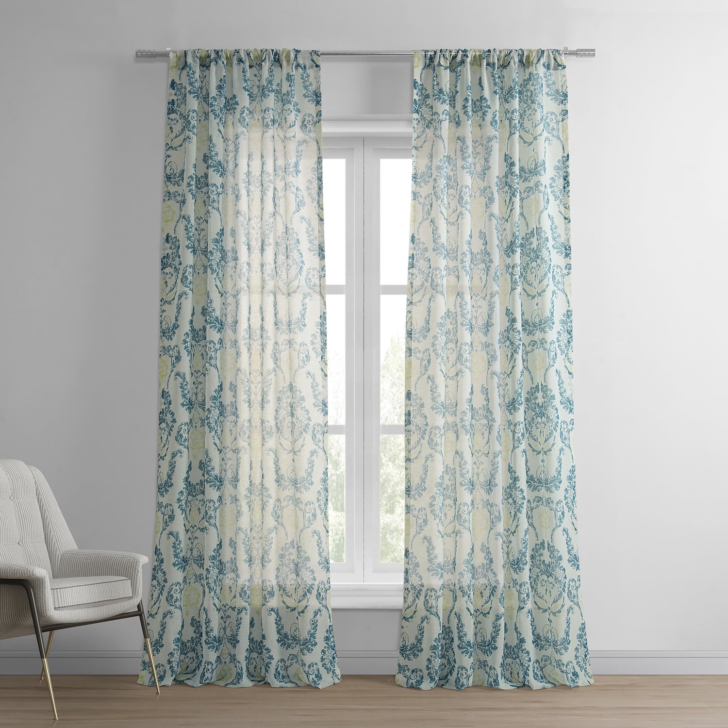 Terrace Teal Printed Faux Linen Sheer Curtain (1 Panel), Terrace Teal, 50W X 108L